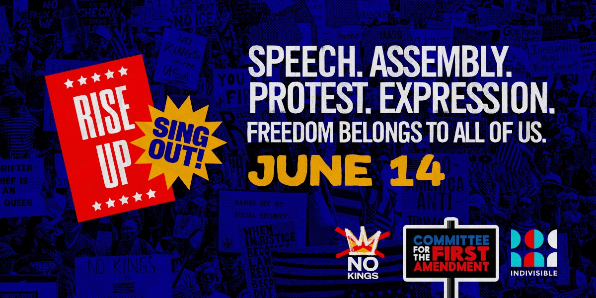 The No Kings Coalition is partnering with the Committee for the First Amendment to create a massive night of localized, relational organizing across the country anchored by Rise Up, Sing Out: A Concert for the First Amendment, featuring appearances by Jane Fonda, Bette Midler, Rufus Wainwright, and many others.